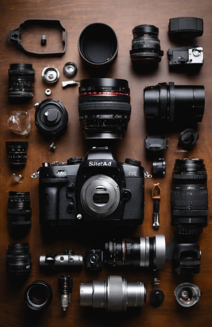 Image of camera equipment on a brown wood table.